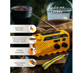 Adler AD 1197 Přenosná solární klika turistické rádio kempování 3 způsoby nabíjení svítilna baterka SOS signál 1200mAh