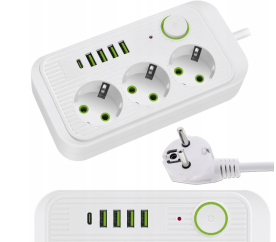 Prodlužovací kabel 2m - 3 zásuvky + 4xUSB - bílý