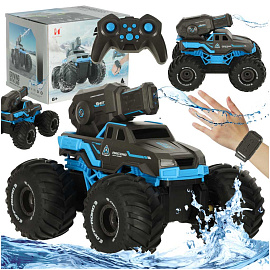 RC obojživelné vodotěsné auto ovládané gesty rukou + 2 dálkové ovladače modré barvy