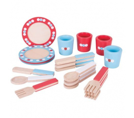 Bigjigs Toys Dřevěný jídelní servis s puntíky