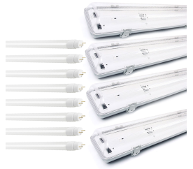 4x Svitidlo + 8x LED trubice - T8 - 120cm - 18W - 12800Lm - teplá bílá - SADA