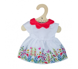 Bigjigs Toys Bílé květinové šaty s červeným límečkem pro panenku 38 cm