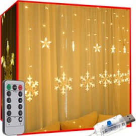 Světelný závěs vločky, hvězdy 138 LED, USB, dálkové ovládání, teplá bílá ISO 19746