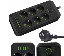 Prodlužovací kabel 2m - 6 zásuvek + 4xUSB - černý