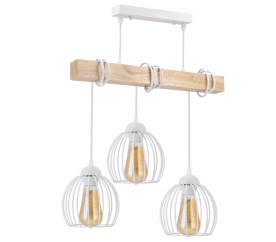 LED závěsné stropní svítidlo, dřevěný trám, 3xE27, drátěná koule - bílá