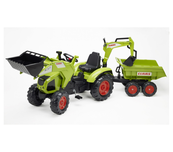 Falk Šlapací traktor CLAAS AXOS 330 1010W  s nakladačem, rypadlem a vlečkou