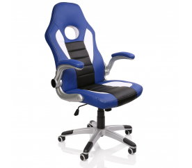 Tresko racing Fauteuil de gaming noir-bleu ? 5 roulettes, si?ge en cuir, pivotant, accoudoirs rabattables RS068